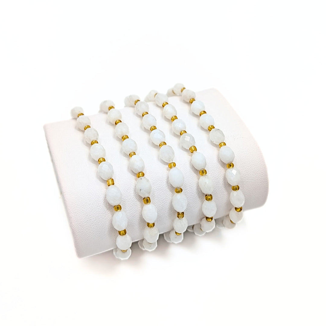 Faceted Moonstone & Gold Accent Beaded Bracelet – 8mm