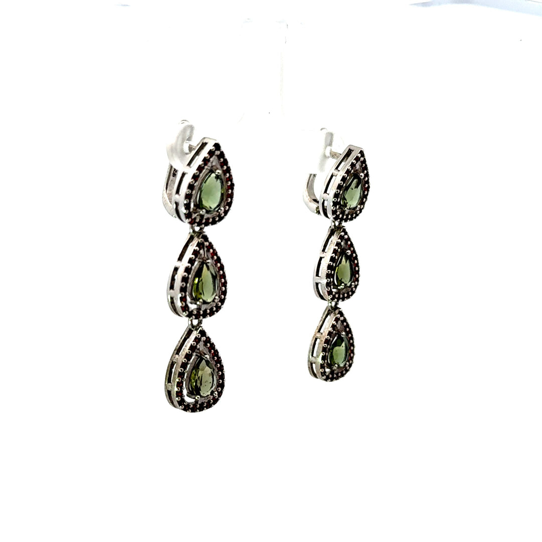 Pear Cut Moldavite & Round Cut Garnet Dangle Earrings in Sterling Silver