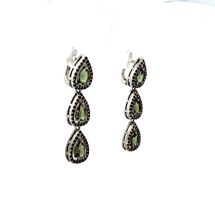 Pear Cut Moldavite & Round Cut Garnet Dangle Earrings in Sterling Silver