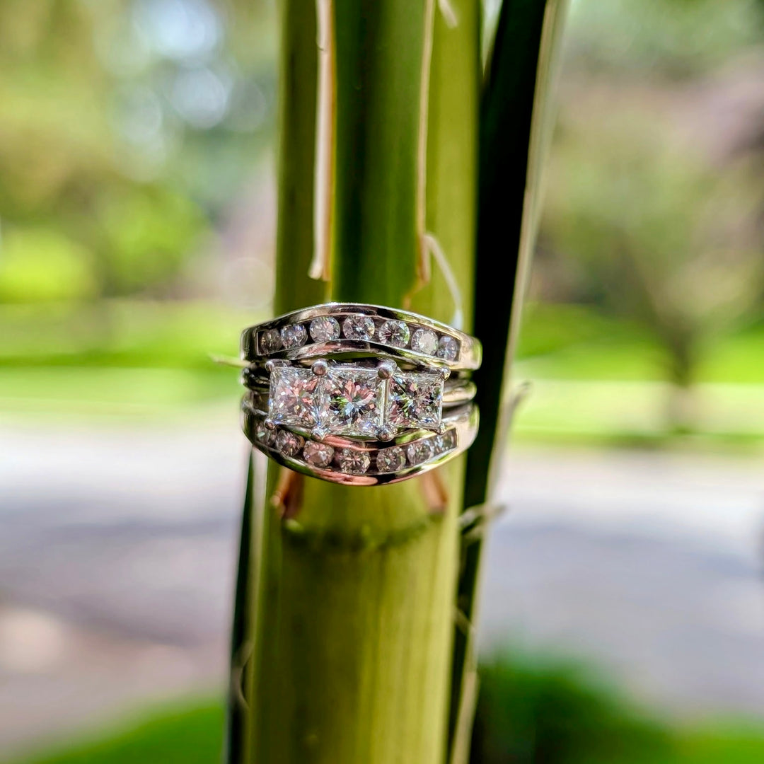 Vintage Three-Stone Diamond Engagement Ring with Diamond Guard in  14K White Gold & Platinum