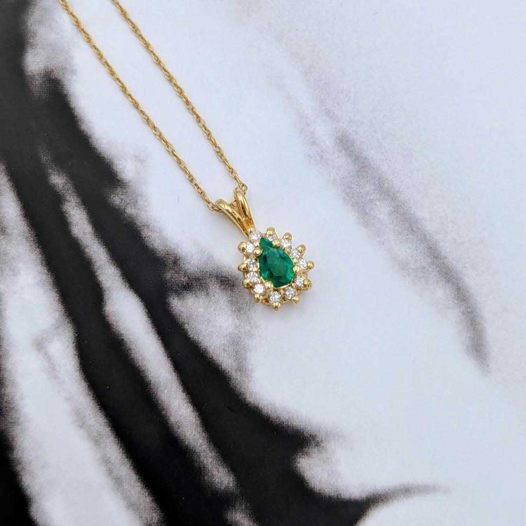 Vintage Pear- Cut Emerald & Diamond Accent Necklace Set in 14k Yellow Gold