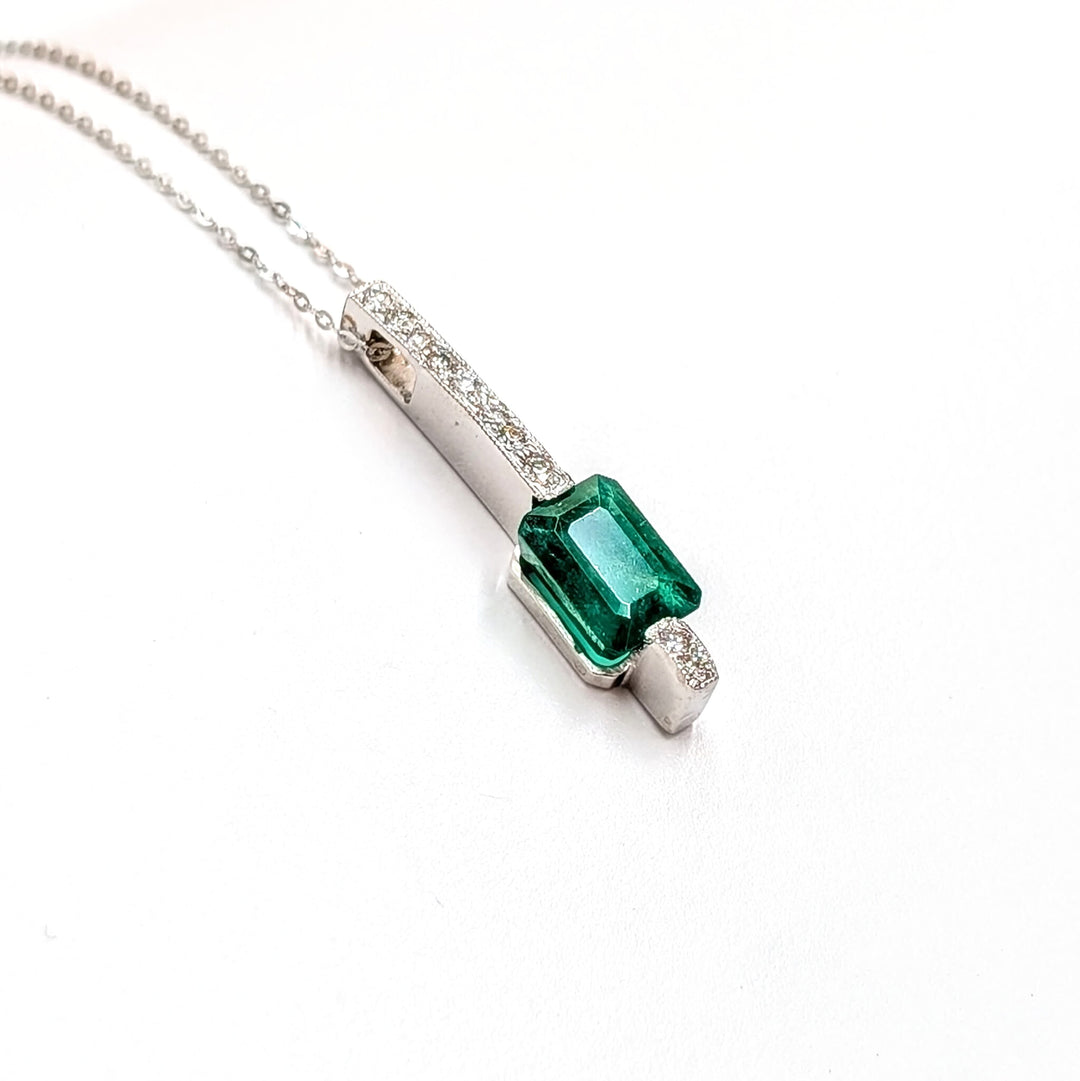 Vintage Emerald-Cut Emerald & Diamond Necklace in 14k White Gold