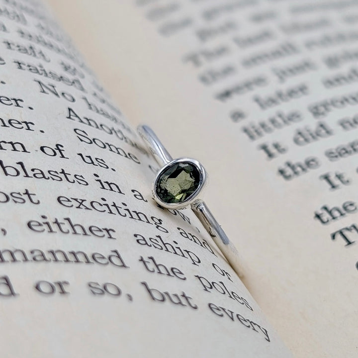 Women's faceted Moldavite Ring Set in Sterling Silver