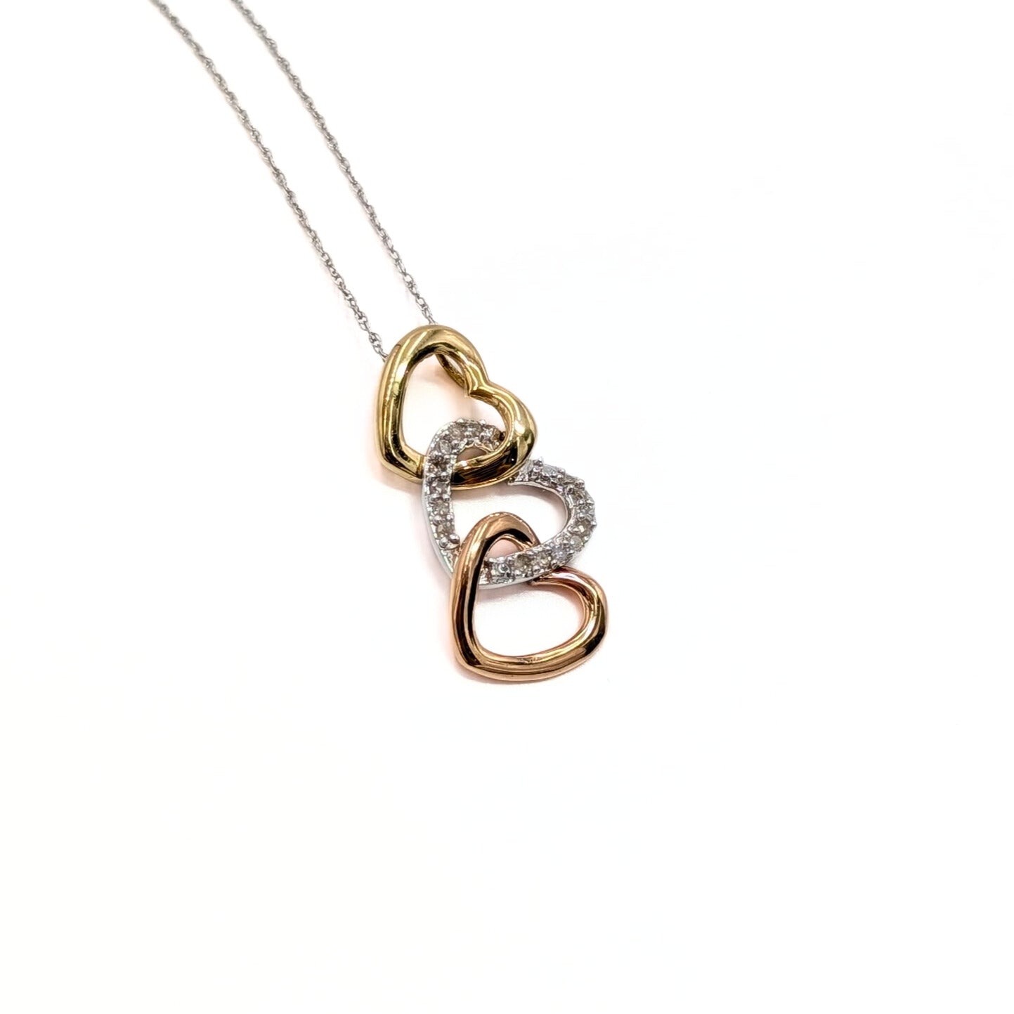 Vintage 10K Tri-Color Gold Heart Necklace with Diamonds