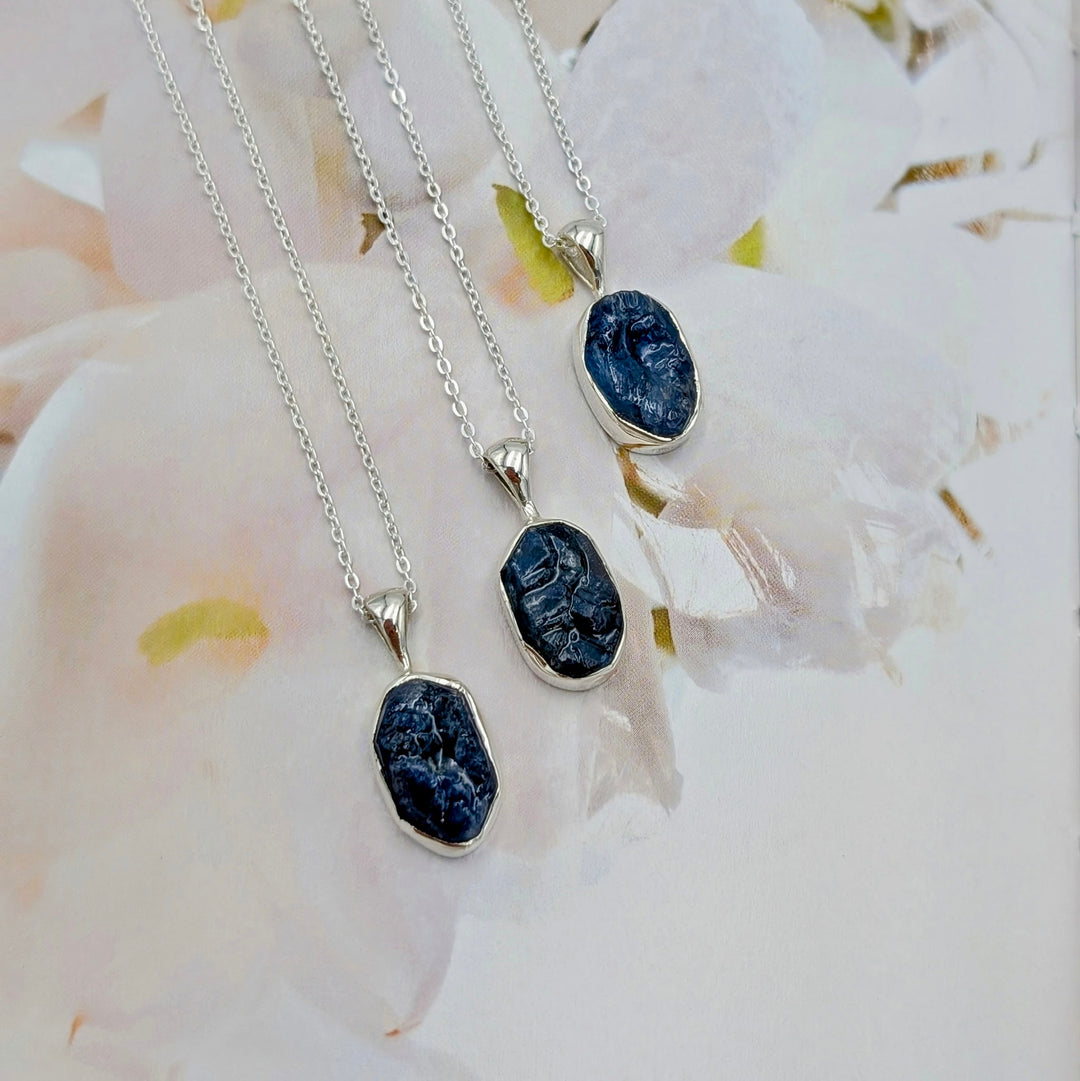 Raw Blue Sapphire Necklace Set in Sterling Silver