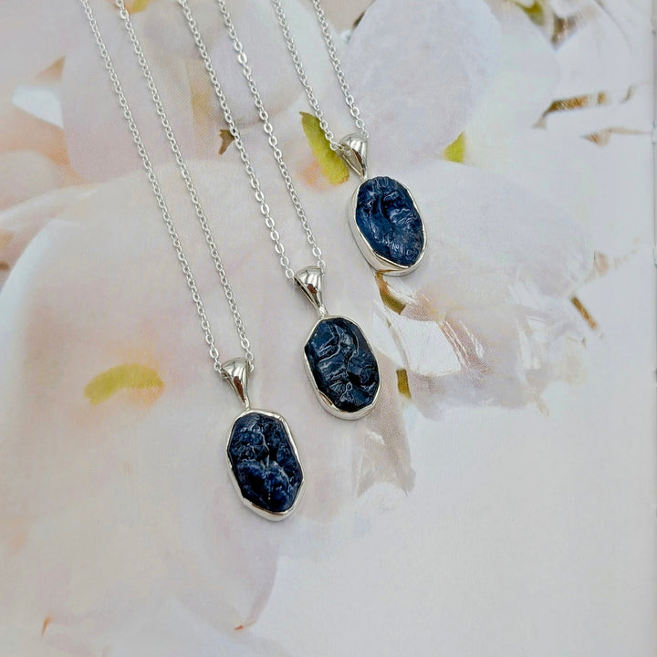 Raw Blue Sapphire Necklace Set in Sterling Silver
