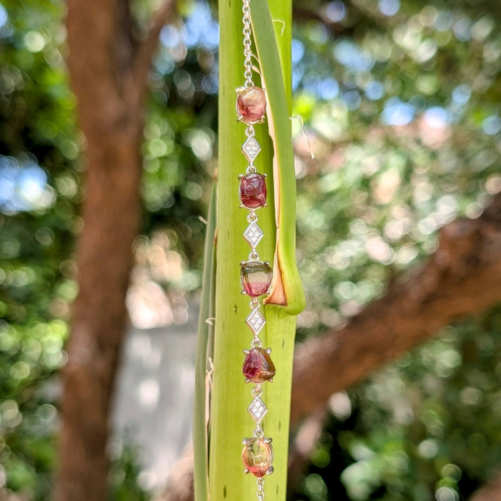Watermelon Tourmaline Freeform & Cubic Zirconia Bracelet in Sterling Silver