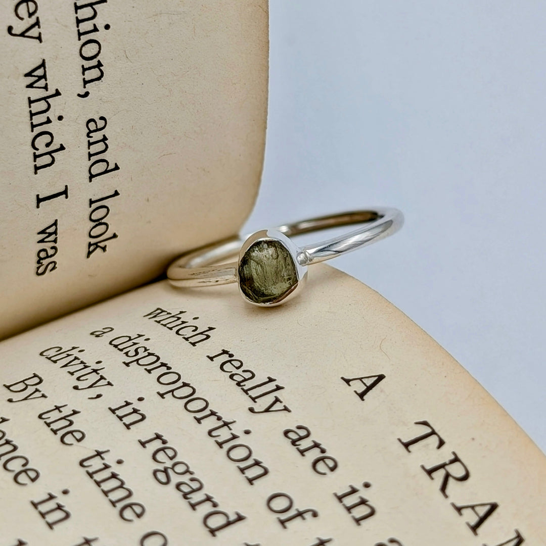 Women's Raw Moldavite Ring Set in Sterling Silver