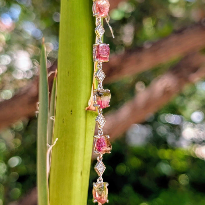 Watermelon Tourmaline Freeform & Cubic Zirconia Bracelet in Sterling Silver