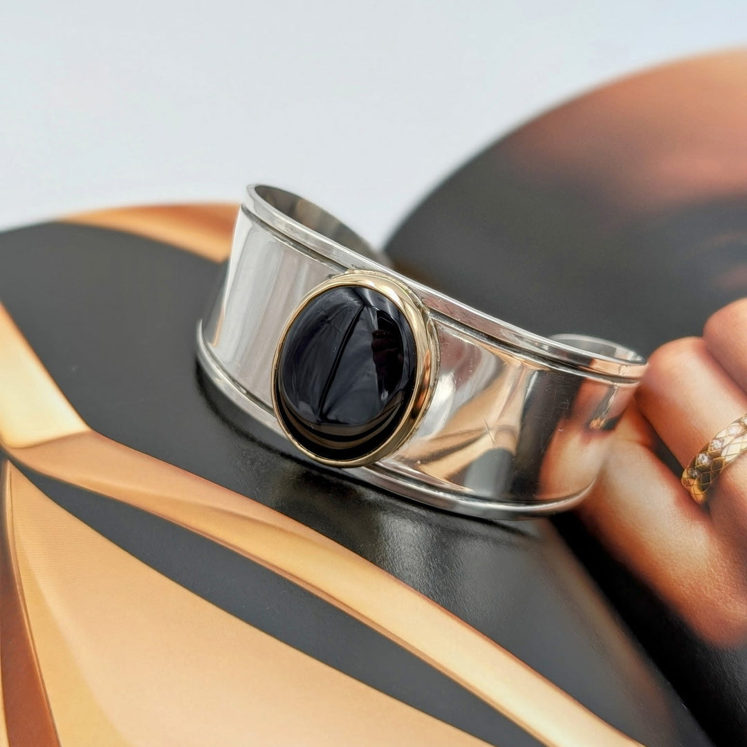 Retired James Avery Onyx Cuff Set in 14K Yellow Gold & Sterling Silver
