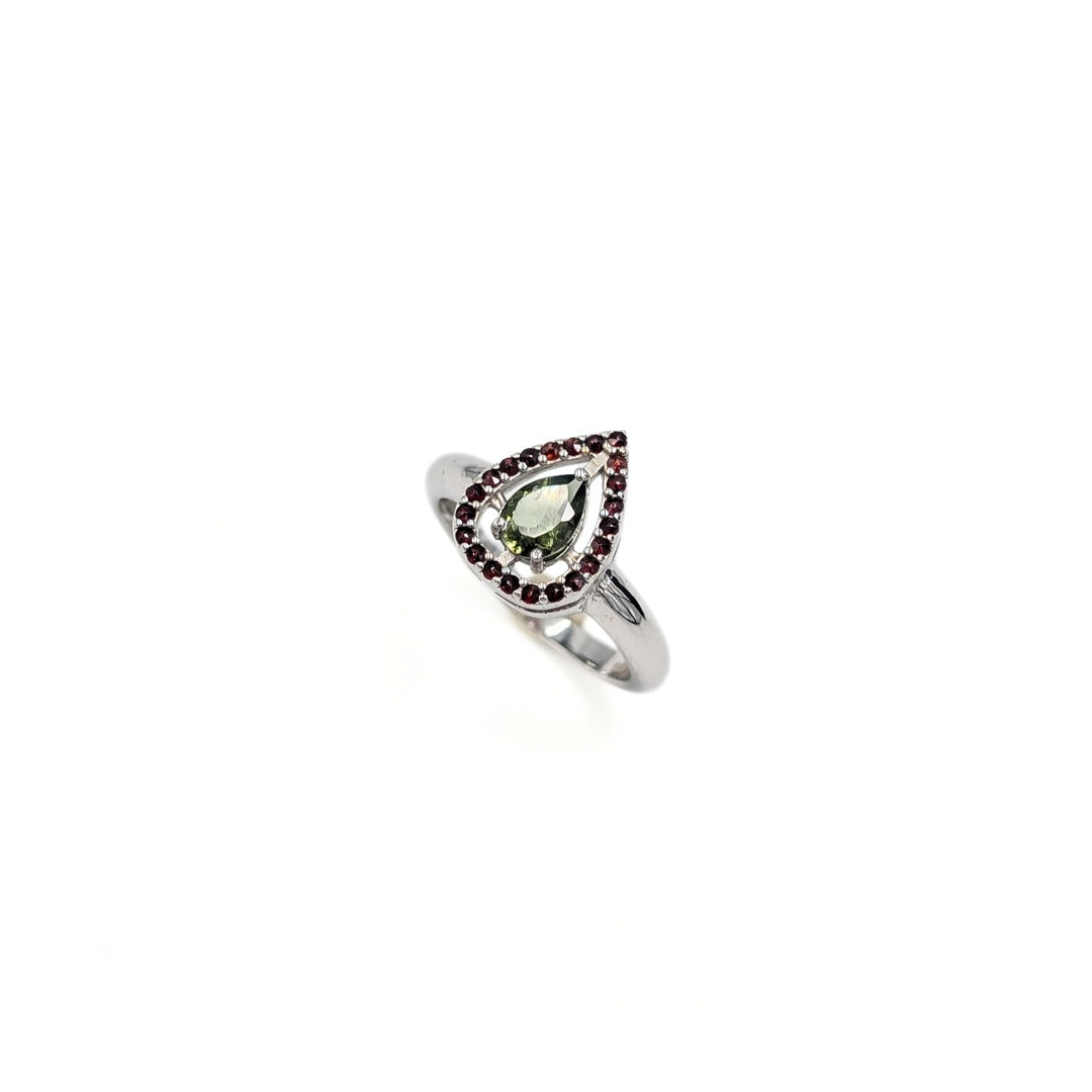 Moldavite & Garnet Ring in Sterling Silver