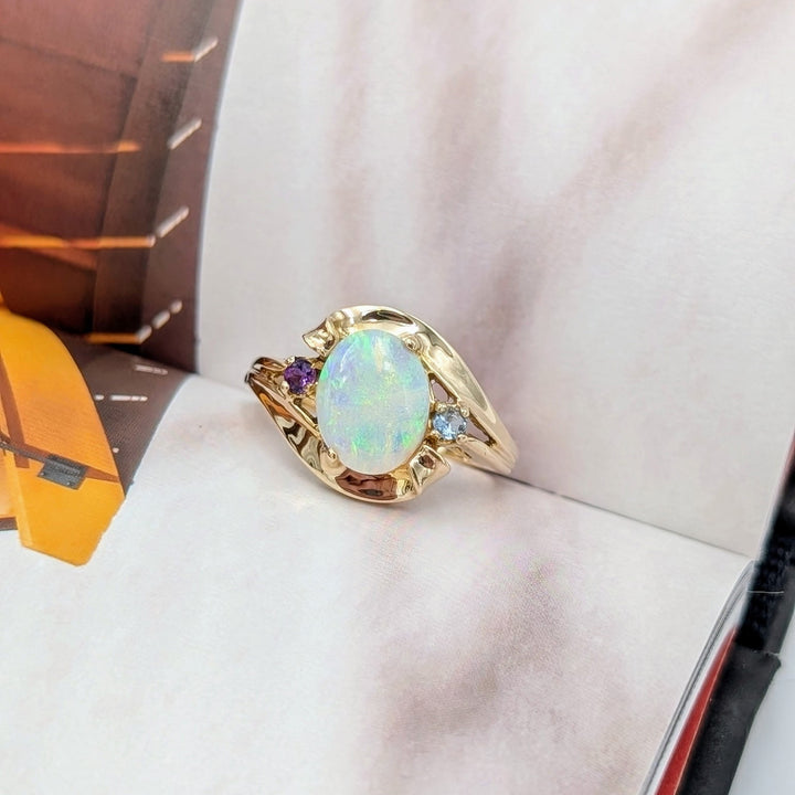 Vintage Opal, Blue Topaz, &  Amethyst Ring Set in 10k Yellow Gold