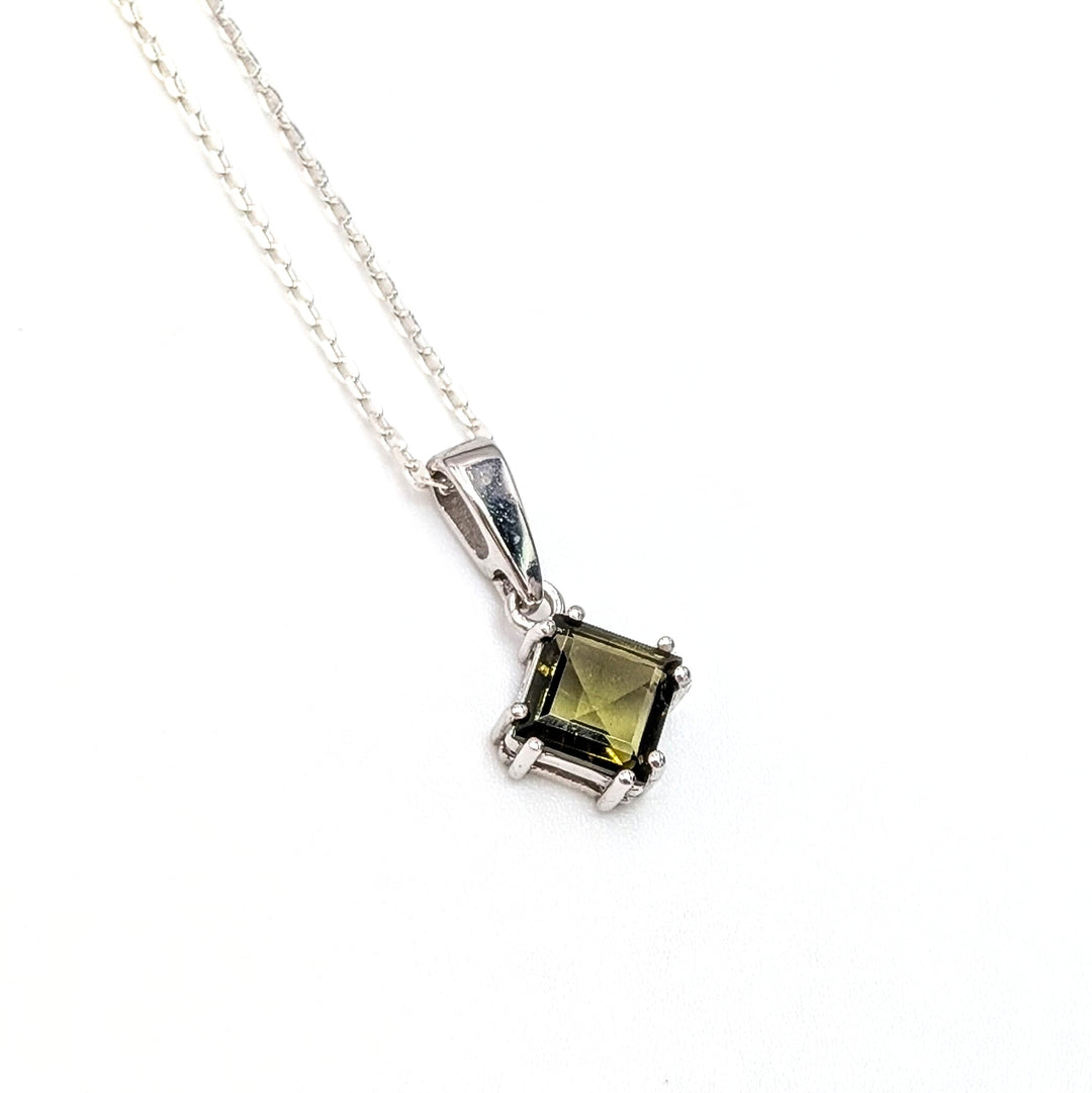Diamond-Shaped Moldavite Necklace in Sterling Silver