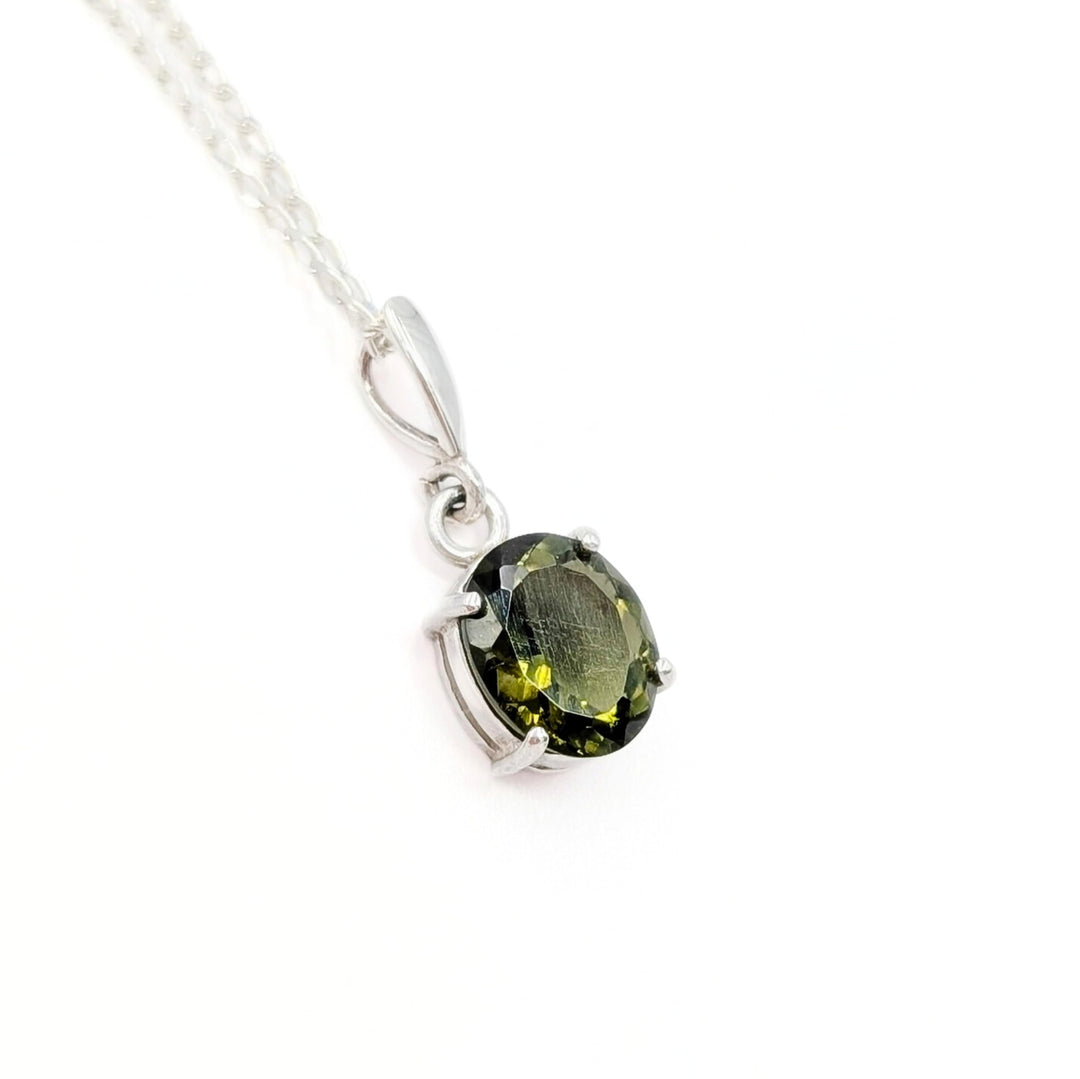 Oval-Cut Faceted Moldavite Necklace in Sterling Silver
