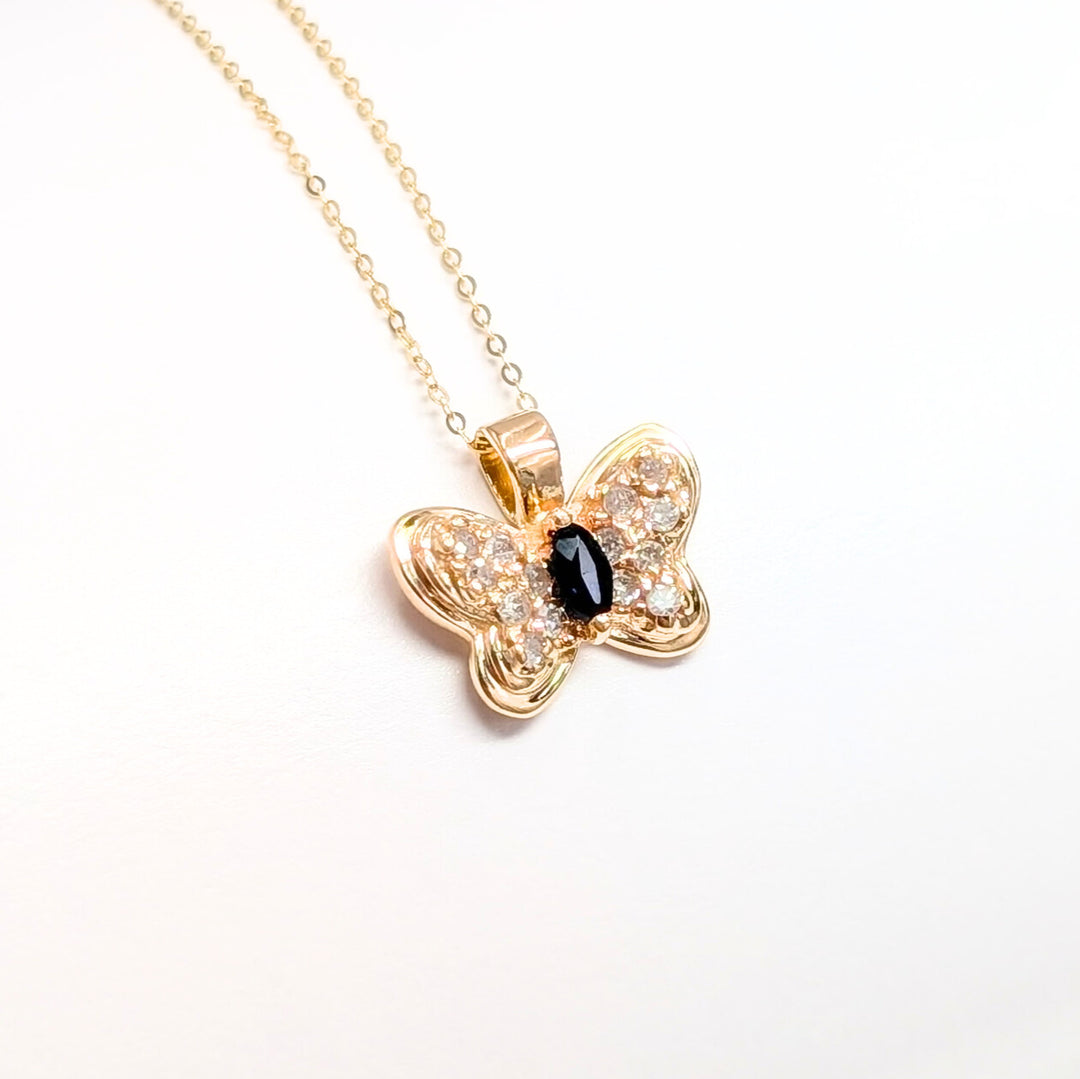 Vintage Blue Sapphire & Diamond Butterfly Necklace in 14k Yellow Gold