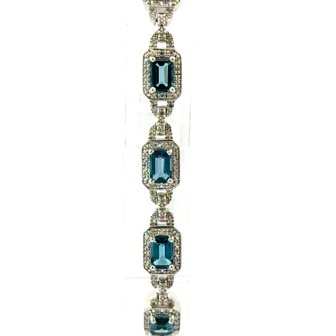 Emerald Cut London Blue Topaz & Round Cut White Zircon Bracelet in Sterling Silver
