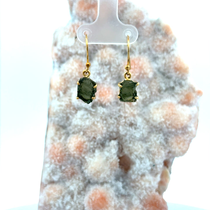 Moldavite Freeform Dangle Earrings in Vermeil