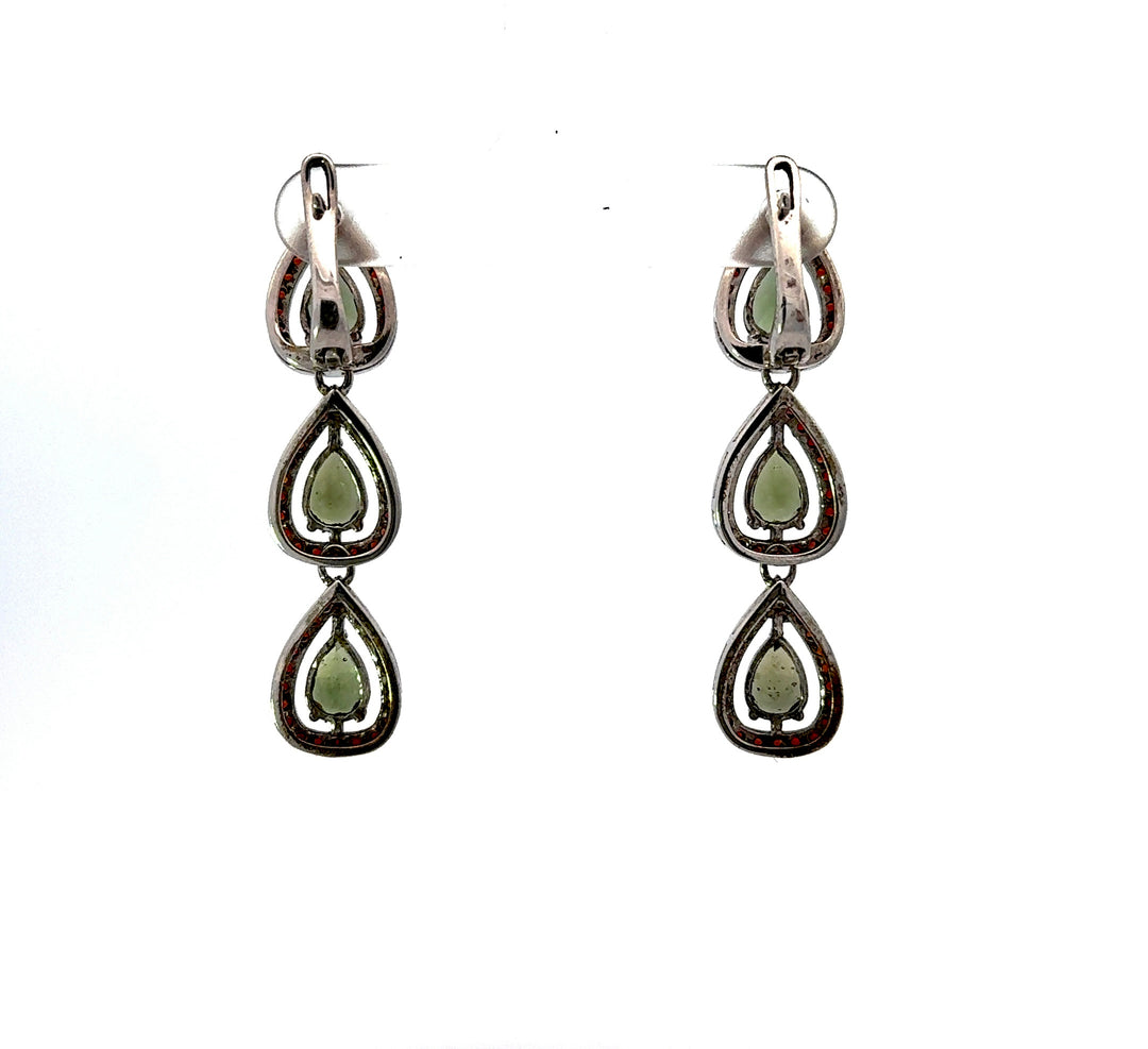 Pear Cut Moldavite & Round Cut Garnet Dangle Earrings in Sterling Silver