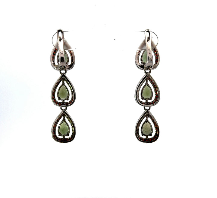Pear Cut Moldavite & Round Cut Garnet Dangle Earrings in Sterling Silver