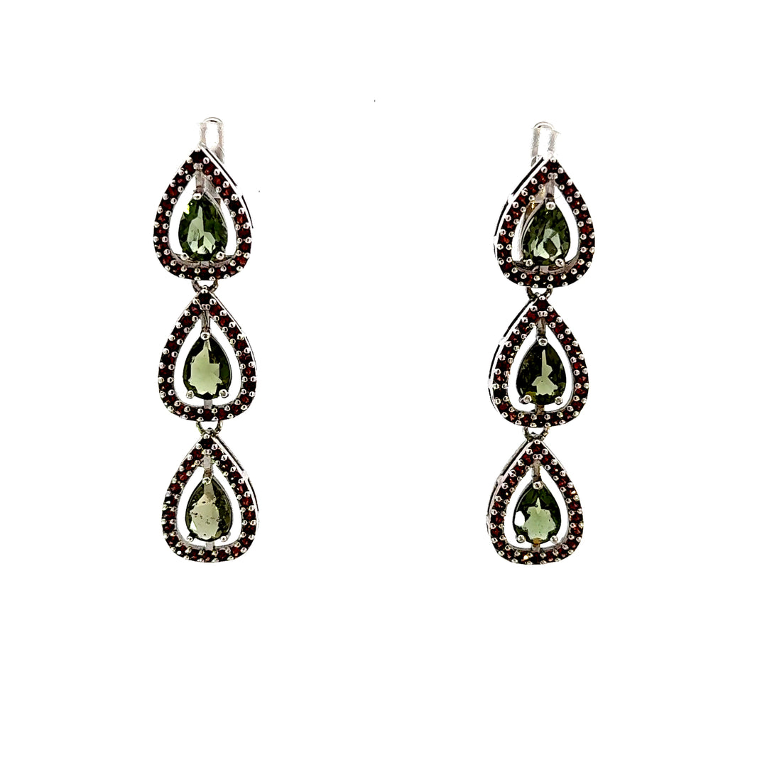 Pear Cut Moldavite & Round Cut Garnet Dangle Earrings in Sterling Silver