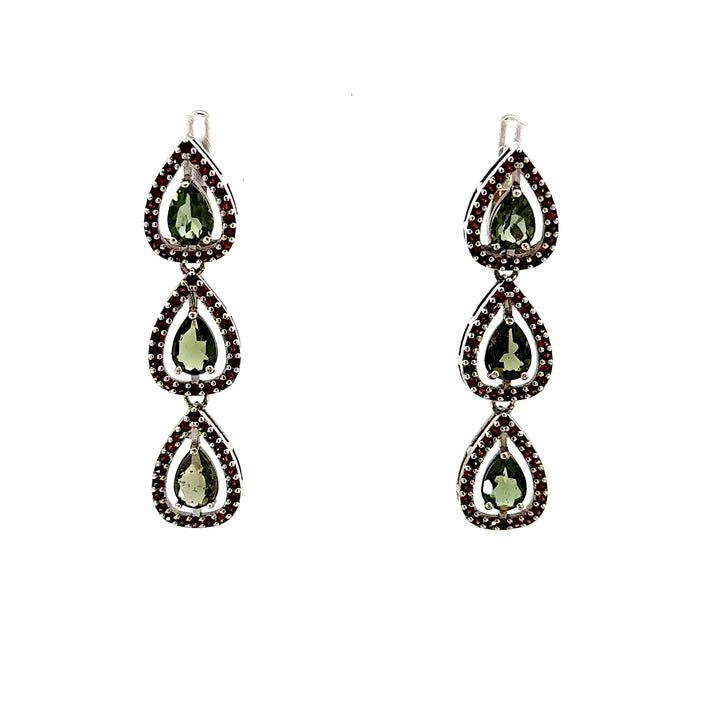 Pear Cut Moldavite & Round Cut Garnet Dangle Earrings in Sterling Silver