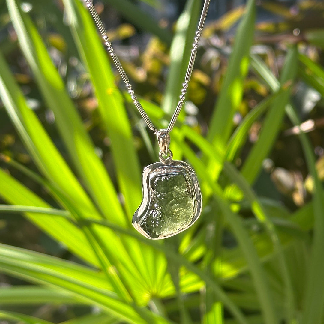 Moldavite Freeform Necklace in Sterling Silver