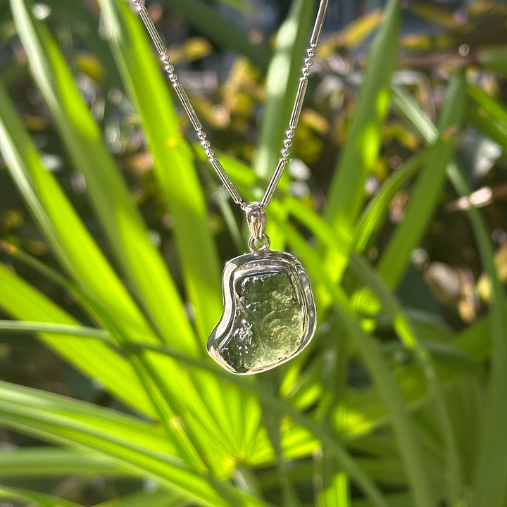 Moldavite Freeform Necklace in Sterling Silver