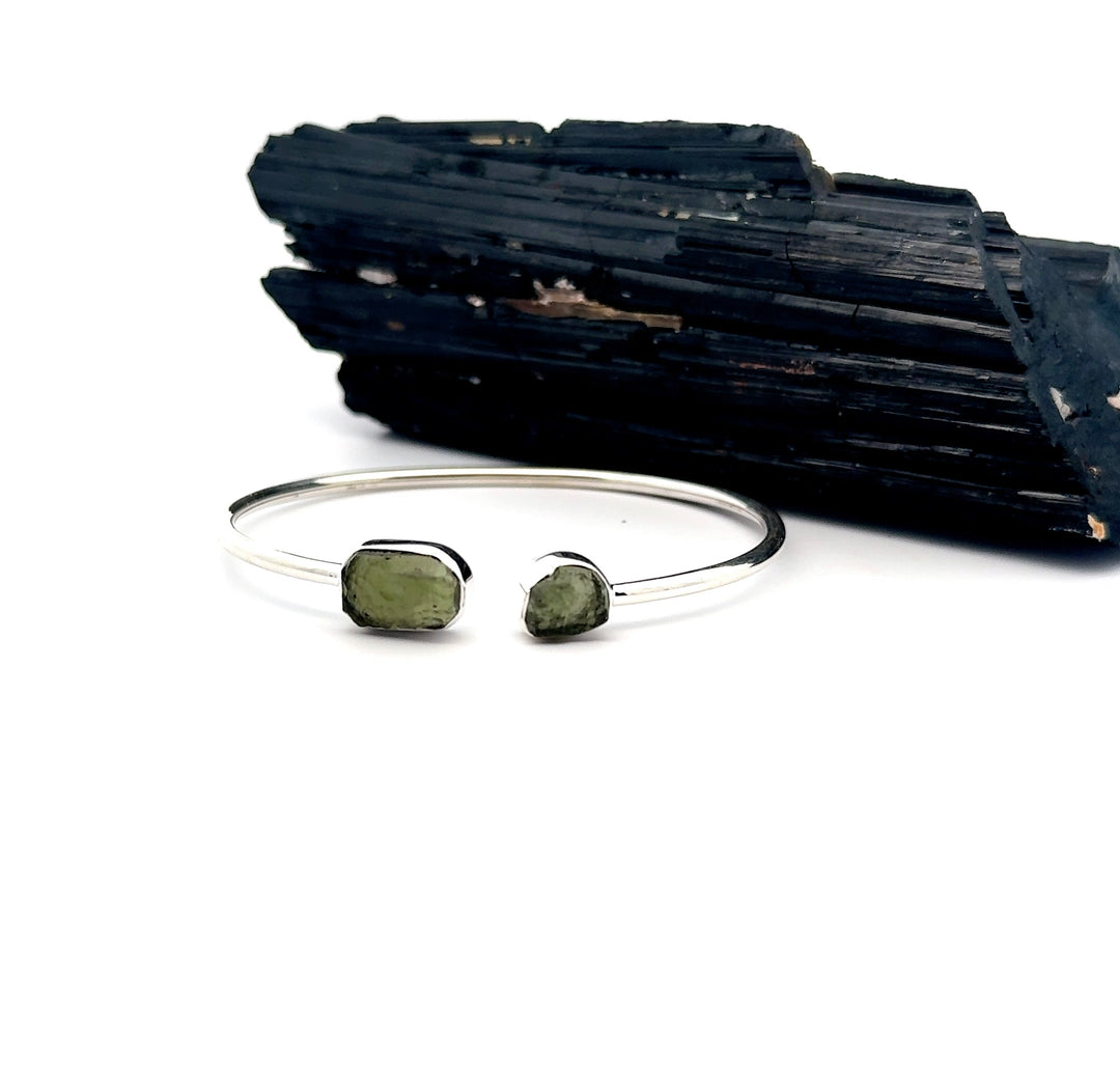 Moldavite Freeform Cuff Bracelet in Sterling Silver