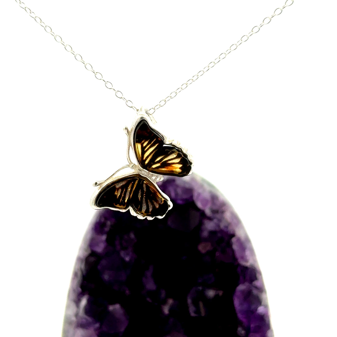 Amber Butterfly Necklace in Sterling Silver