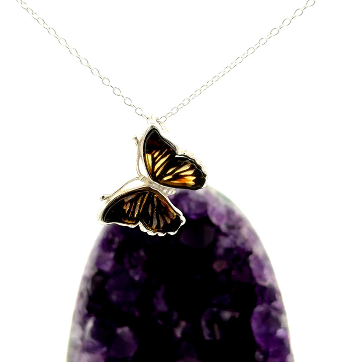Amber Butterfly Necklace in Sterling Silver