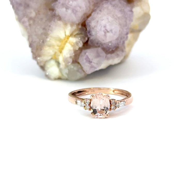 Vintage Round Cut Morganite & Round Cut Diamond Ring in 14K Rose Gold
