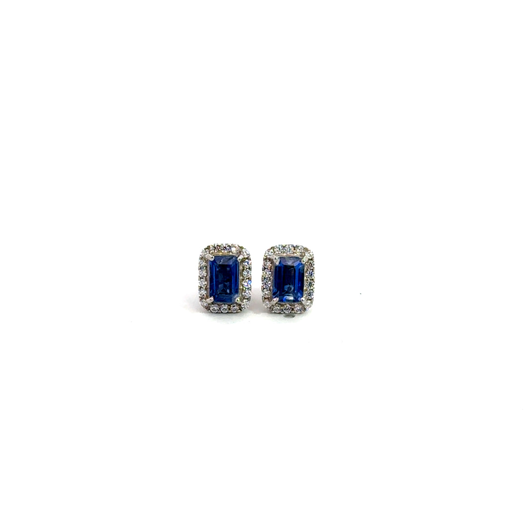 Cushion Cut Blue Kyanite & Round Cut White Topaz Stud Earrings in Sterling Silver