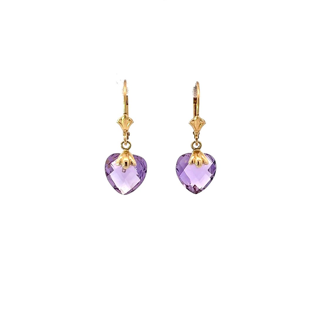 Vintage Heart-Cut Amethyst Drop Earrings in 14K Yellow Gold