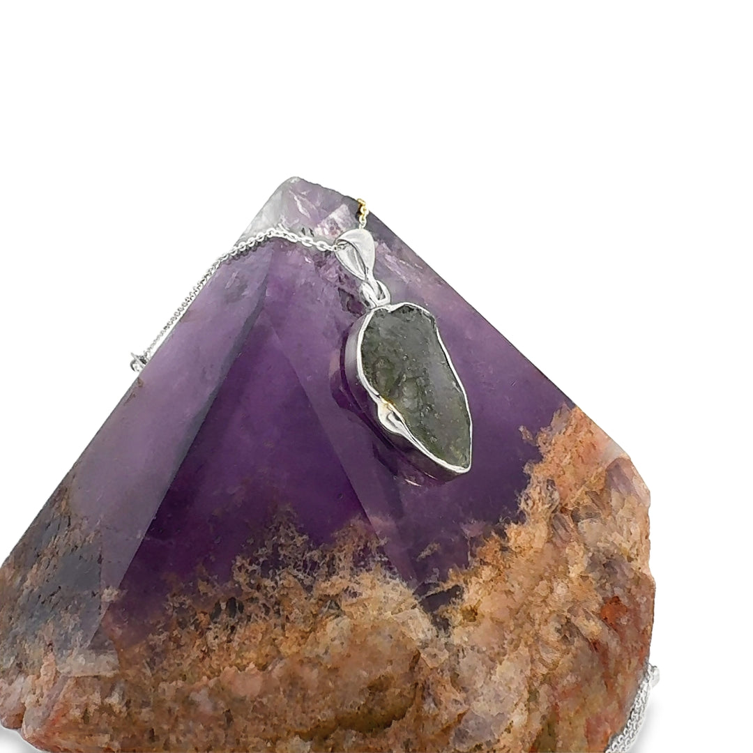 Moldavite Freeform Necklace in Sterling Silver