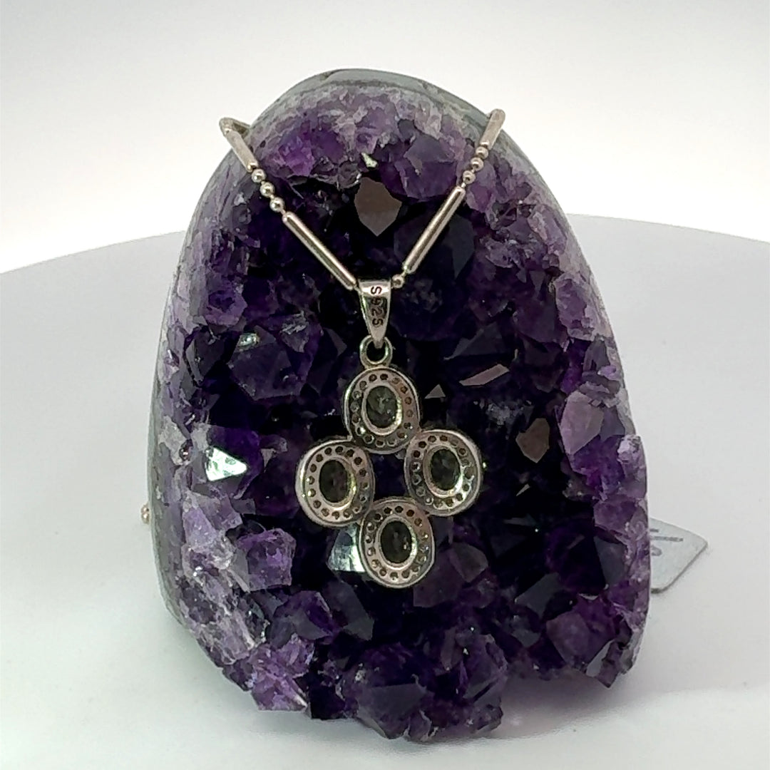 Round Cut Peridot & White Topaz Cross Necklace in Sterling Silver