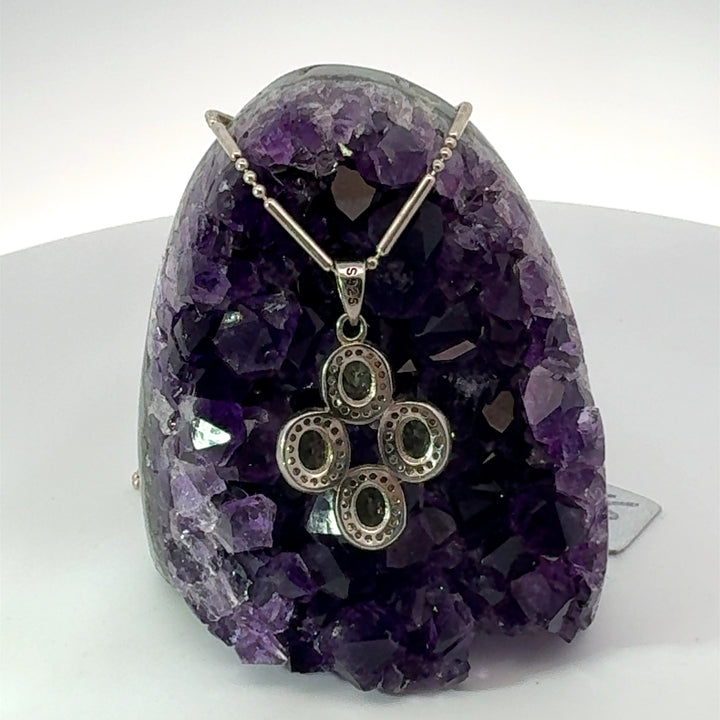 Round Cut Peridot & White Topaz Cross Necklace in Sterling Silver
