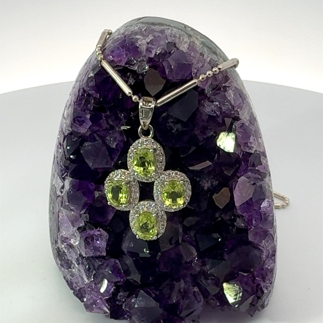 Round Cut Peridot & White Topaz Cross Necklace in Sterling Silver
