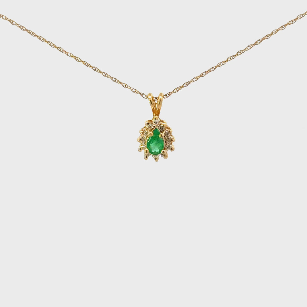 Vintage Pear- Cut Emerald & Diamond Accent Necklace Set in 14k Yellow Gold