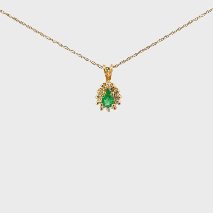Vintage Pear- Cut Emerald & Diamond Accent Necklace Set in 14k Yellow Gold