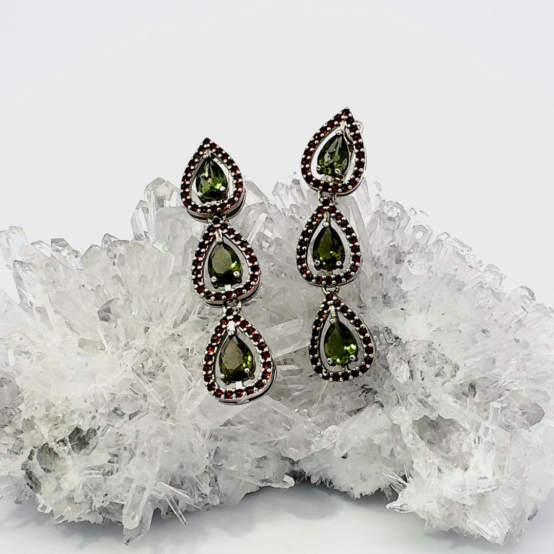 Pear Cut Moldavite & Round Cut Garnet Dangle Earrings in Sterling Silver