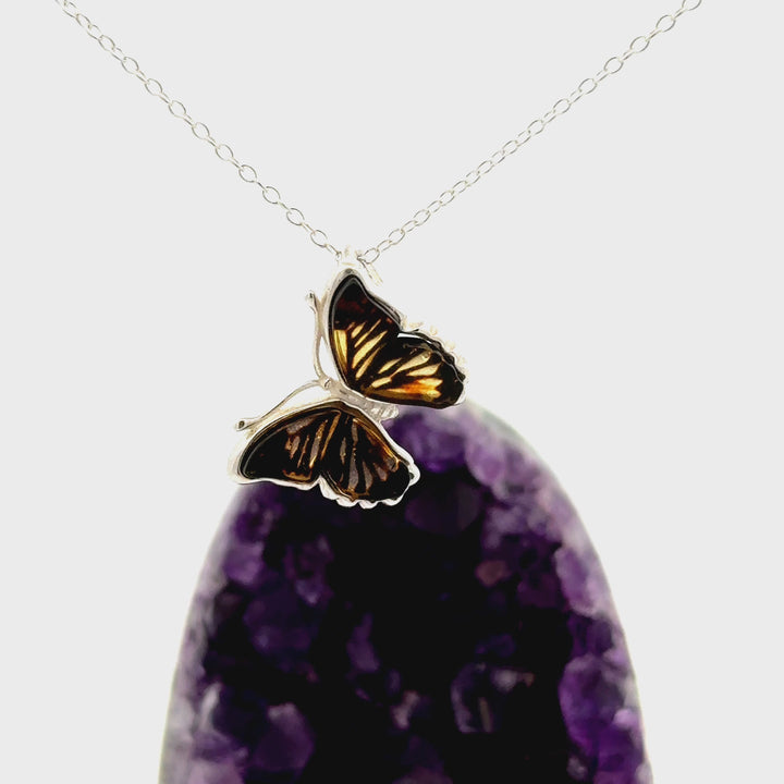 Amber Butterfly Necklace in Sterling Silver