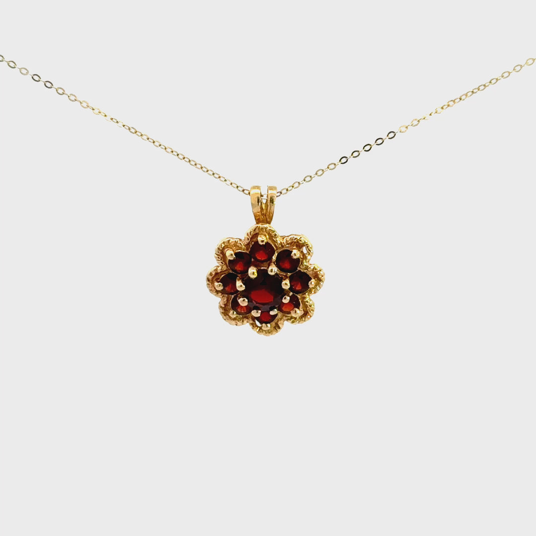 Vintage Floral-Inspired Round-Cut Garnet Necklace in 14k Yellow Gold