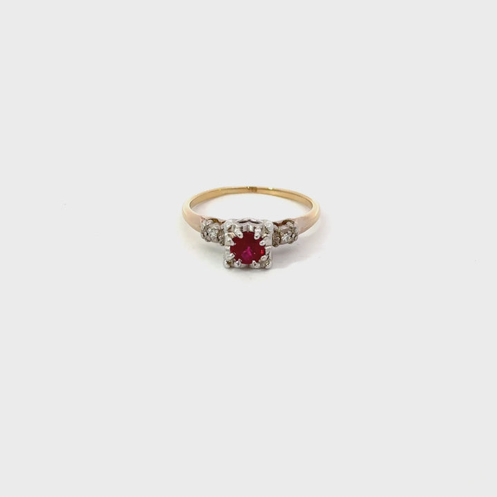Vintage Ruby & Diamond Ring in 14K White & Yellow Gold