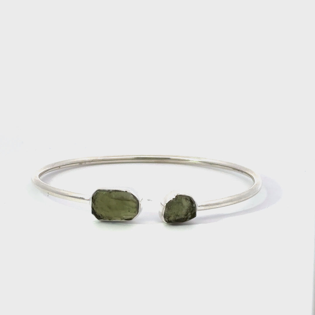 Moldavite Freeform Cuff Bracelet in Sterling Silver