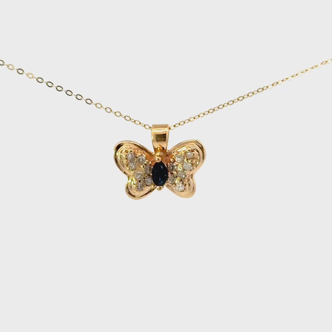 Vintage Blue Sapphire & Diamond Butterfly Necklace in 14k Yellow Gold