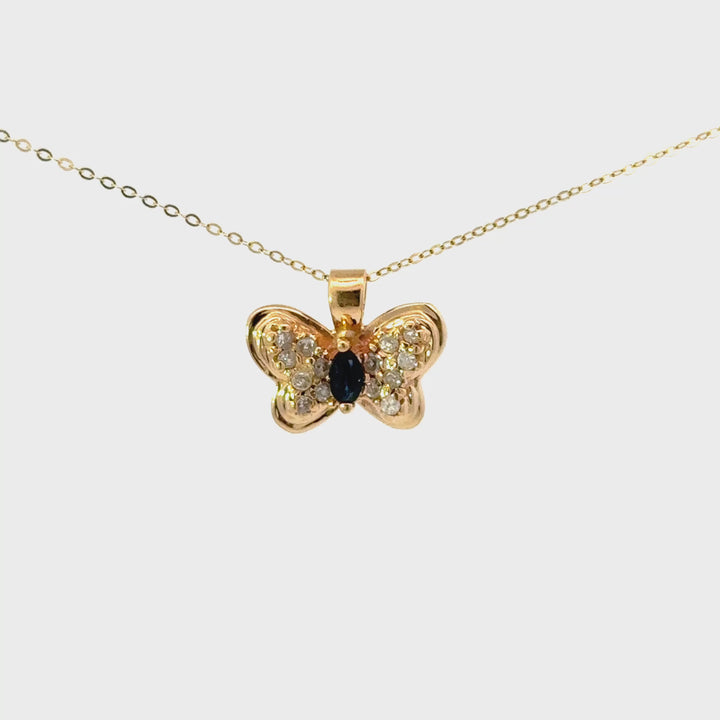 Vintage Blue Sapphire & Diamond Butterfly Necklace in 14k Yellow Gold