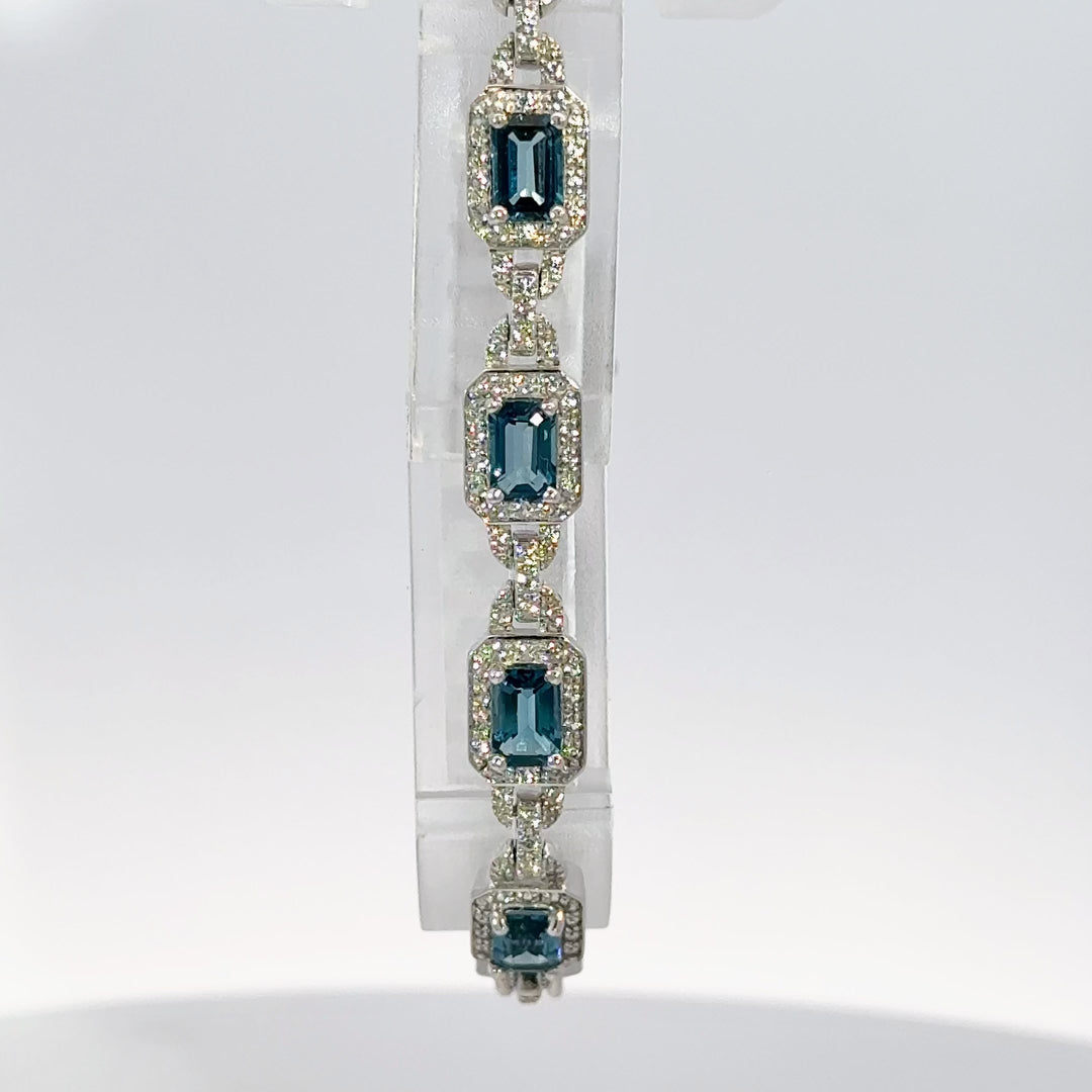 Emerald Cut London Blue Topaz & Round Cut White Zircon Bracelet in Sterling Silver