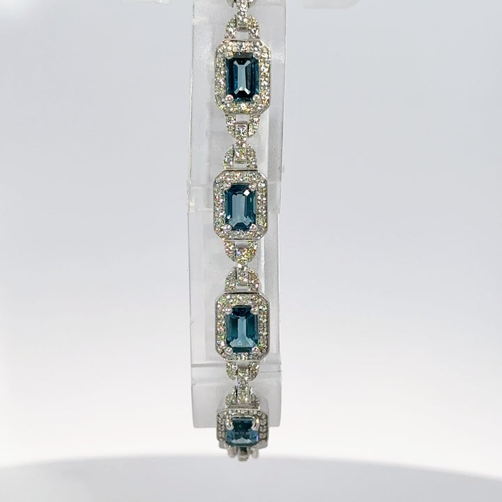 Emerald Cut London Blue Topaz & Round Cut White Zircon Bracelet in Sterling Silver