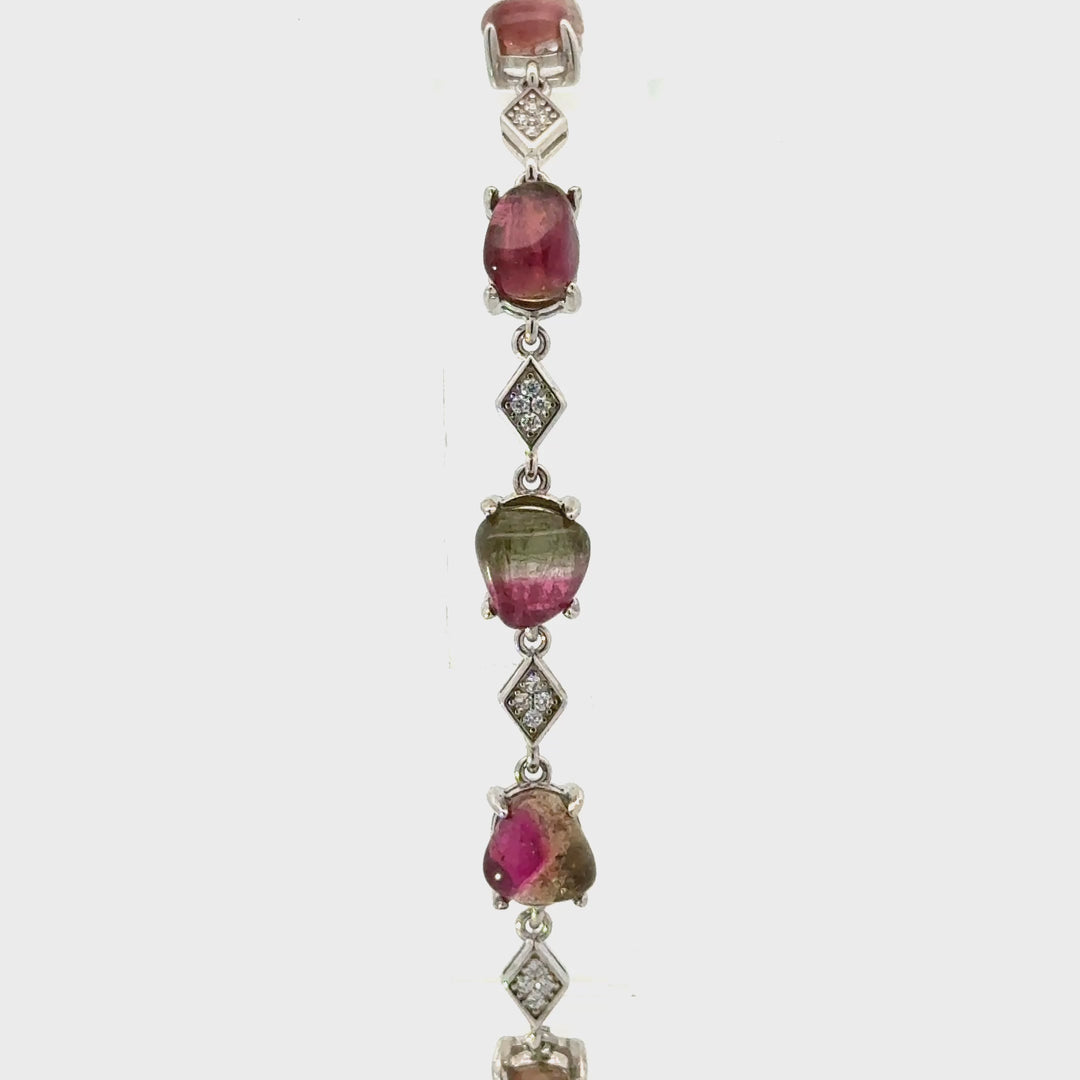 Watermelon Tourmaline Freeform & Cubic Zirconia Bracelet in Sterling Silver