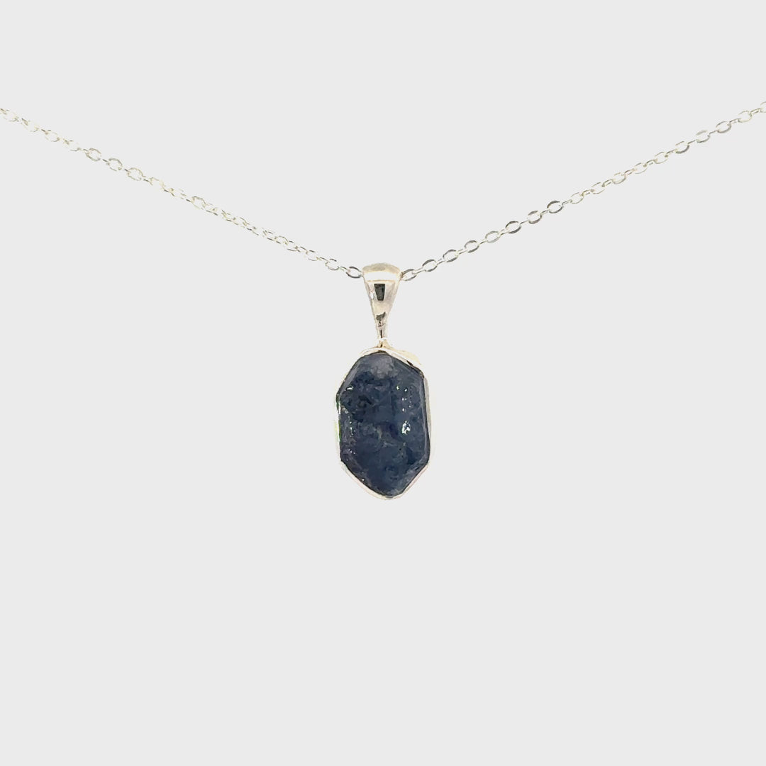 Raw Blue Sapphire Necklace Set in Sterling Silver